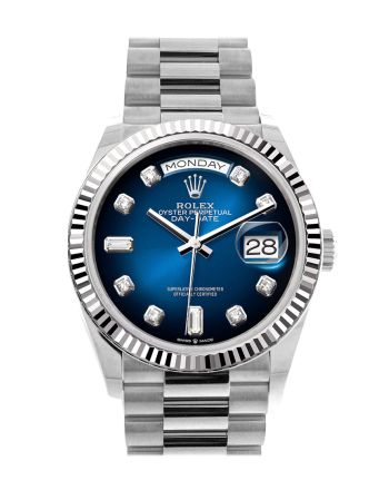 Rolex Day-Date 36 Blue ombré Diamond Dial Fluted Bezel White gold President Watch 128239