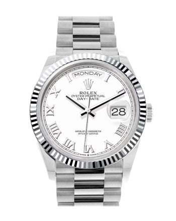 Rolex Day-Date 36 White Dial Fluted Bezel Platinum President Watch 128236