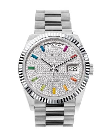 Rolex Day-Date 36 Diamond Paved Dial Fluted Bezel Platinum President Watch 128236