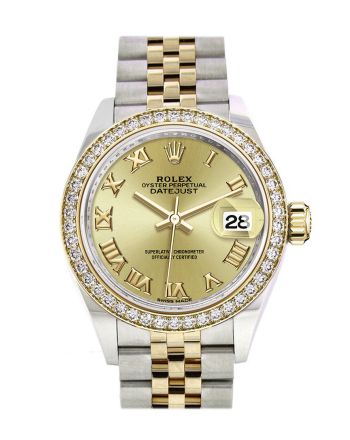 Rolex Datejust 28 Champagne Roman Dial Diamond Bezel Yellow Gold Jubilee Ladies Watch 279383RBR 279383