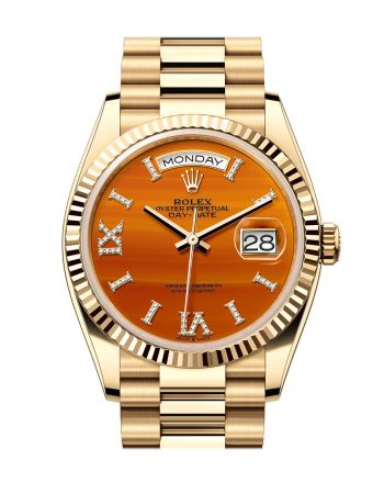 Rolex Day-Date 36 Carnelian Dial Gold Fluted Bezel Yellow Gold Watch 128238