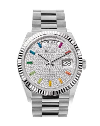 Rolex Day-Date 36 Diamond Paved Dial Fluted Bezel White gold President Watch 128239