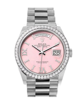 Rolex Day-Date 36 Pink Opal Diamond Dial Diamond Bezel White Gold President Watch 128349RBR