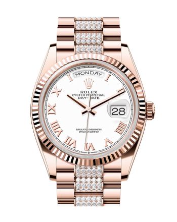 Rolex Day-Date 36 White Dial Fluted Bezel 18K Everose gold Diamond President Watch 128235