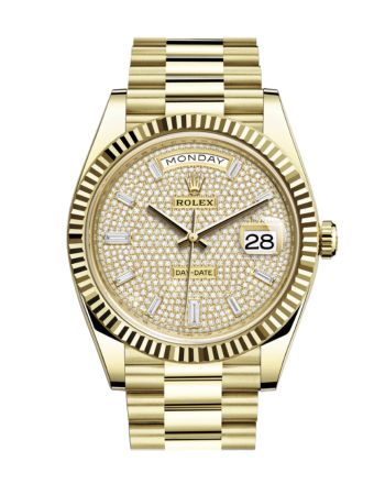 Rolex Day-Date 40 Diamond Paved 10 Baguette Diamond Dial 18K Yellow Gold President Men's Watch 228238