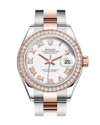 Rolex Datejust 28 White Roman Dial Diamond Bezel Rose Gold Two Tone Watch 279381RBR 279381