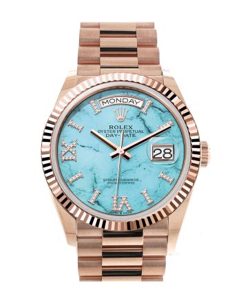 Rolex Day-Date 36 Turquoise Diamond Dial Fluted Bezel 18K Everose gold President Watch 128235