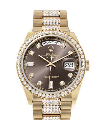 Rolex Day-Date 36 Dark Grey Diamond Dial Gold Diamond Bezel Watch 128348RBR-0007 128348RBR