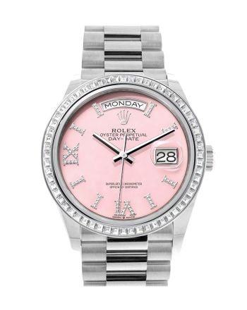 Rolex Day-Date 36 Pink Opal Dial Diamond Bezel Platinum President Watch 128396TBR