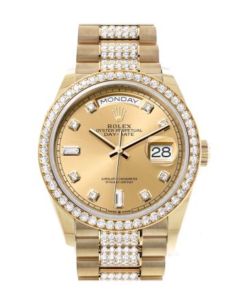 Rolex Day-Date 36 Champagne Diamond Dial Gold Diamond Bezel Watch 128348RBR-0010 128348RBR