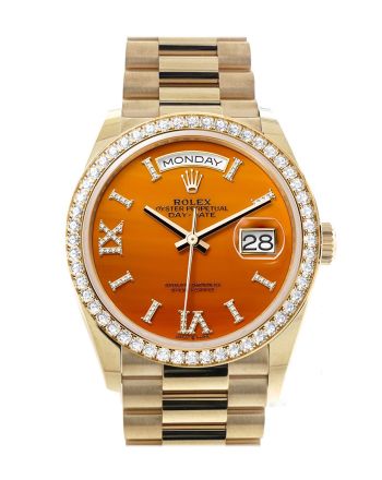 Rolex Day-Date 36 Carnelian Dial Gold Diamond Bezel Watch 128348RBR-0049 128348RBR