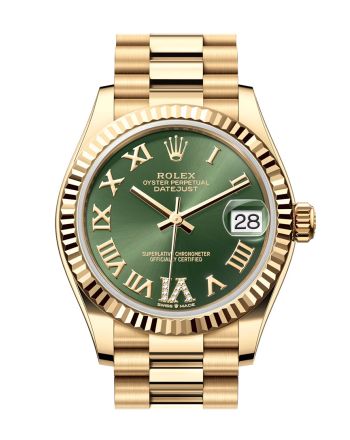 Rolex Datejust 31 Green Roman Dial Fluted Bezel Yellow Gold Ladies Watch 278278 278278-0030