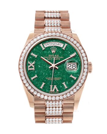 Rolex Day-Date 36 Green Aventurine Dial Diamond Bezel 18K Everose Gold Diamond President Watch 128345RBR