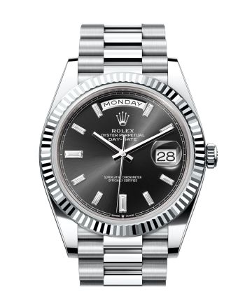 Rolex Day-Date 40 Bright Black 10 baguette-cut Diamonds Dial Fluted Bezel Platinum President Men's Watch 228236