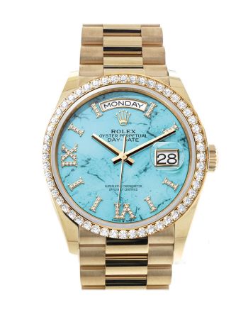 Rolex Day-Date 36 Turquoise Dial Gold Diamond Bezel Watch 128348RBR-0037 128348RBR