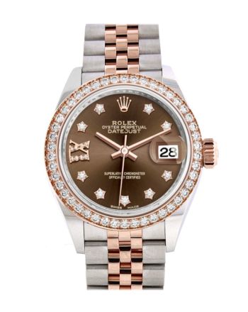 Rolex Datejust 28 Chocolate Large VI Diamonds Dial Diamond Bezel Rose Gold Two Tone Watch 279381RBR 279381