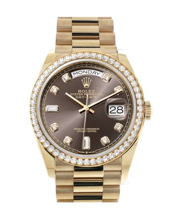 Rolex Day-Date 36 Dark Grey Dial Gold Diamond Bezel Watch 128348RBR-0005 128348RBR