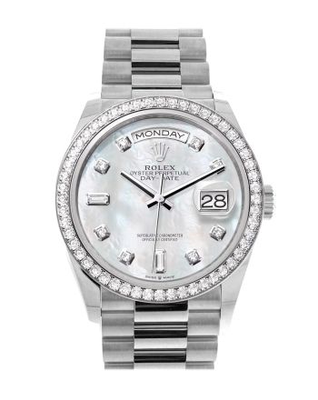 Rolex Day-Date 36 Mother of Pearl Diamond Dial Diamond Bezel White Gold President Watch 128349RBR