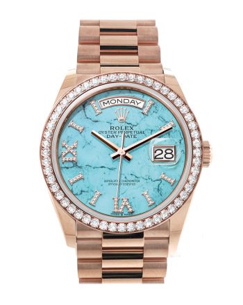 Rolex Day-Date 36 Turquoise Dial Diamond Bezel 18K Everose Gold President Watch 128345RBR