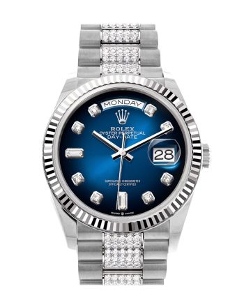 Rolex Day-Date 36 Blue ombré Diamond Dial Fluted Bezel White Gold Diamond President Watch 128239