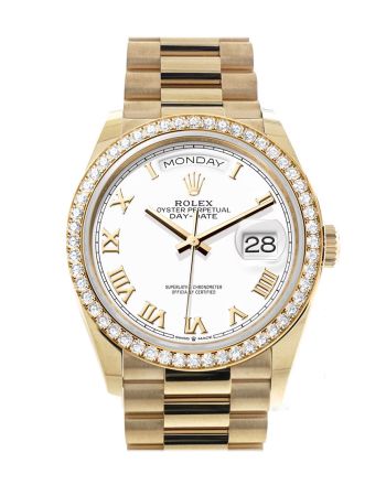 Rolex Day-Date 36 White Roman Dial Gold Diamond Bezel Watch 128348RBR-0042 128348RBR