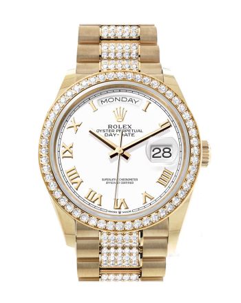 Rolex Day-Date 36 White Roman Dial Gold Diamond Bezel Watch 128348RBR-0043 128348RBR