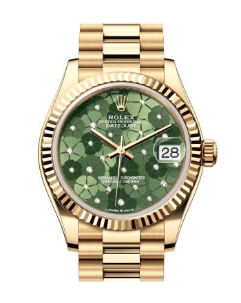 Rolex Datejust 31 Olive Green Floral Motif Diamond Dial Fluted Bezel Yellow Gold Ladies Watch 278278 278278-0046