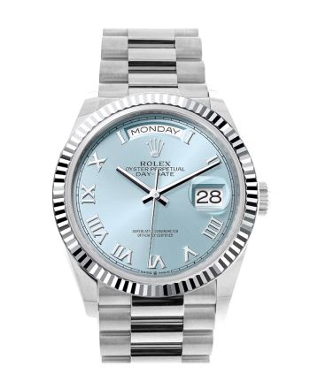 Rolex Day-Date 36 Ice Blue Roman Dial Fluted Bezel Platinum President Watch 128236