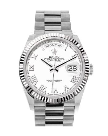 Rolex Day-Date 36 White Dial Fluted Bezel White gold President Watch 128239