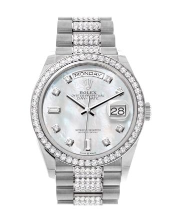 Rolex Day-Date 36 Mother of Pearl Diamond Dial Diamond Bezel White Gold Diamond President Watch 128349RBR