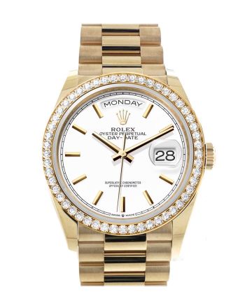 Rolex Day-Date 36 White Dial Gold Diamond Bezel Watch 128348RBR-0047 128348RBR