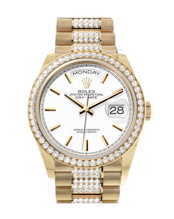 Rolex Day-Date 36 White Dial Gold Diamond Bezel Watch 128348RBR-0048 128348RBR