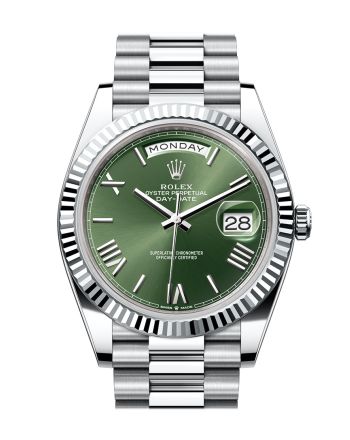 Rolex Day-Date 40 Olive Green Dial Fluted Bezel Platinum President Men's Watch 228236