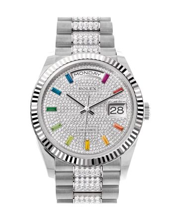 Rolex Day-Date 36 Diamond Paved Diamond Dial Fluted Bezel White Gold Diamond President Watch 128239