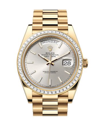 Rolex Day-Date 40 Silver Dial Baguette Diamond Bezel 18K Yellow Gold President Men's Watch 228398TBR