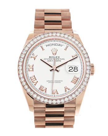 Rolex Day-Date 36 White Dial Diamond Bezel 18K Everose Gold President Watch 128345RBR