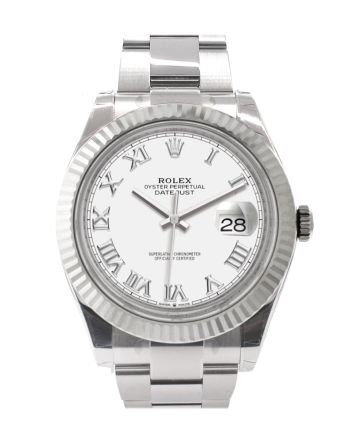 Rolex Datejust 41 White Roman Dial White Gold Fluted Bezel Oyster Mens Watch 126334