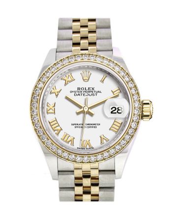 Rolex Datejust 28 White Roman Dial Diamond Bezel Yellow Gold Jubilee Ladies Watch 279383RBR 279383