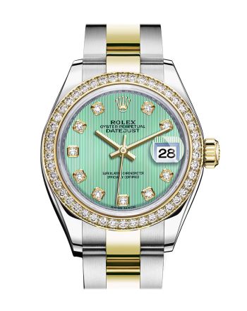 Rolex Datejust 28 Mint Green set with diamonds Dial Diamond Bezel Yellow Gold Ladies Watch 279383RBR 279383