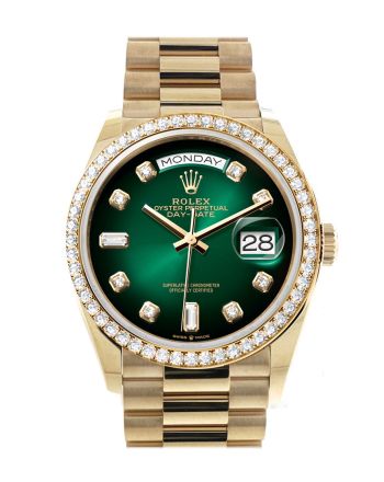 Rolex Day-Date 36 Green Ombré Dial Gold Diamond Bezel Watch 128348RBR-0035 128348RBR