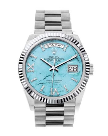 Rolex Day-Date 36 Turquoise Diamond Dial Fluted Bezel Platinum President Watch 128236