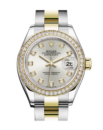 Rolex Datejust 28 Silver set with diamonds Dial Diamond Bezel Yellow Gold Ladies Watch 279383RBR 279383