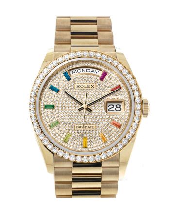 Rolex Day-Date 36 Paved Rainbow Sapphire Dial Gold Diamond Bezel Diamond President Watch 128348RBR-0030 128348RBR