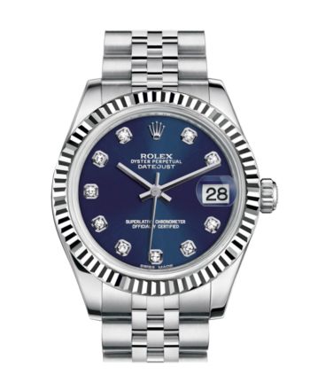 Rolex Datejust 31 Blue Set Diamonds Dial White Gold Fluted Bezel Jubilee Ladies Watch 178274