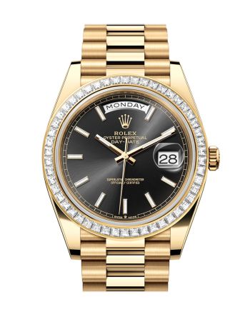 Rolex Day-Date 40 Black Dial Baguette Diamond Bezel 18K Yellow Gold President Men's Watch 228398TBR