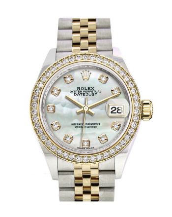 Rolex Datejust 28 White mother-of-pearl set with diamonds Dial Diamond Bezel Yellow Gold Jubilee Ladies Watch 279383RBR 279383