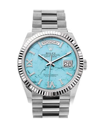 Rolex Day-Date 36 Turquoise Diamond Dial Fluted Bezel White gold President Watch 128239