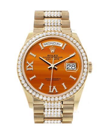 Rolex Day-Date 36 Carnelian Dial Gold Diamond Bezel Watch 128348RBR-0050 128348RBR