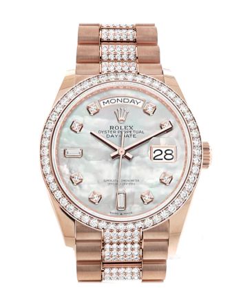 Rolex Day-Date 36 Mother of Pearl Diamond Dial Diamond Bezel 18K Everose Gold Diamond President Watch 128345RBR