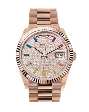 Rolex Day-Date 36 Diamond Paved Dial Fluted Bezel 18K Everose gold President Watch 128235